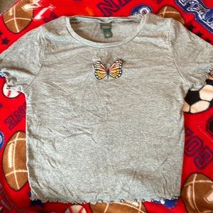 This is a gray butterfly crop top shirt it is so soft and comfortable, so cute